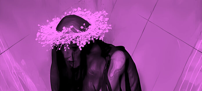 A hot pink overlay of Jessica Dalva's painting, 