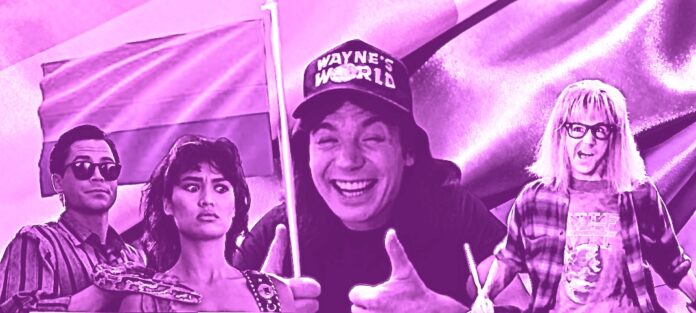 Cast of 1990s film Wayne's World photoshopped to be holding bi pride flag
