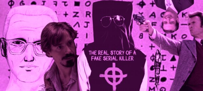 dirty harry, the zodiac killer, robert downey jr, and ted cruz in acid pink over the zodiac cipher