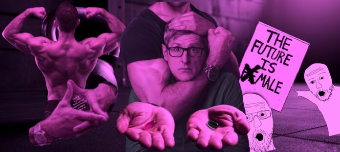 collage of men's rights symbols, red pill, anti feminist protest signs, centering Louis Theroux from Into The Manosphere.