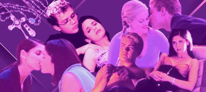 Several stills from the film Cruel Intentions in pink wash