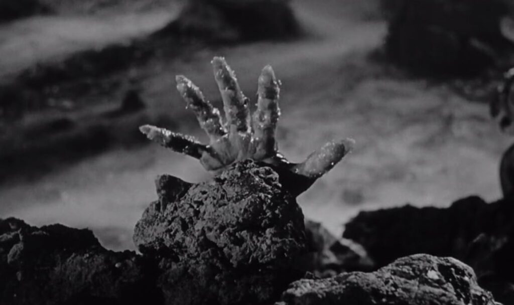 An image of a filthy hand with long fingernails emerging from the dirt.