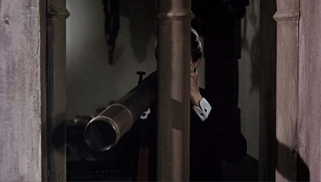 An older gentleman in eveningwear with his face obscured by a post looks through a telescope from a castle window.