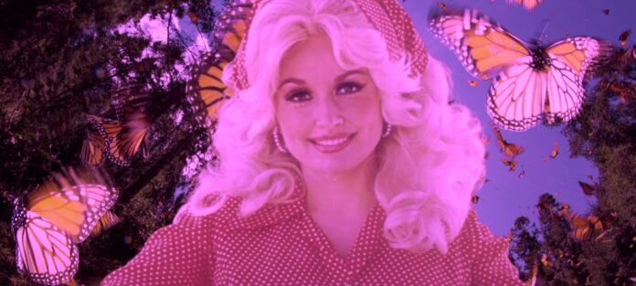 Dolly Parton surrounded by butterflies